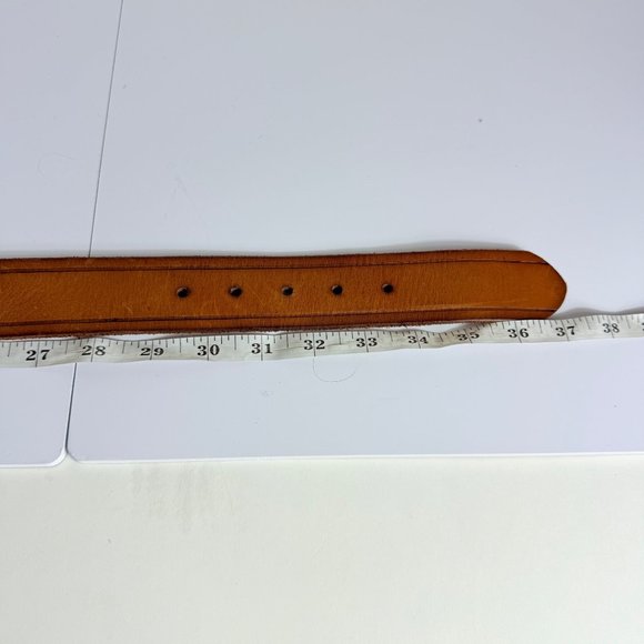 Old Navy Leather Belt Size S Floral Brass Buckle Cognac Brown Embossed VTG Y2K